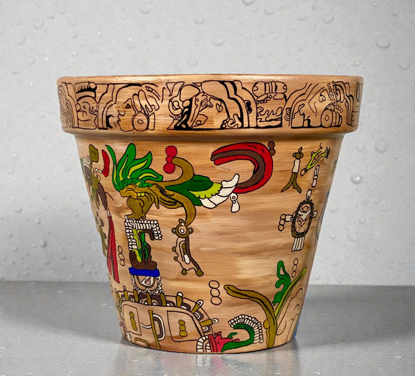 Hand-Painted Mayan Inspired Terracotta Planter – Mesoamerican Art Plant Pot