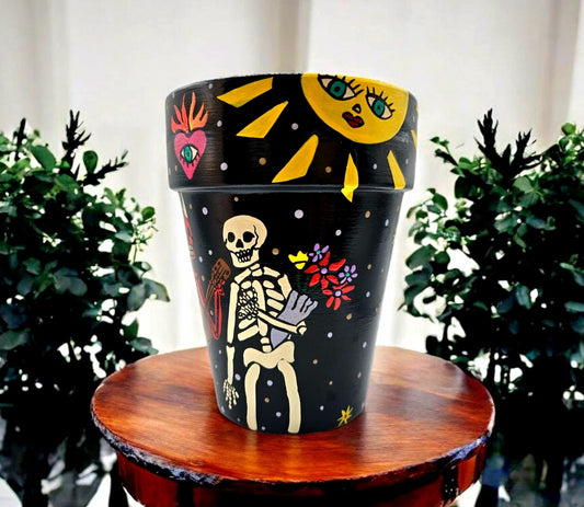 Hand-Painted Day of the Dead Terracotta Planter – Mexican Folk Art