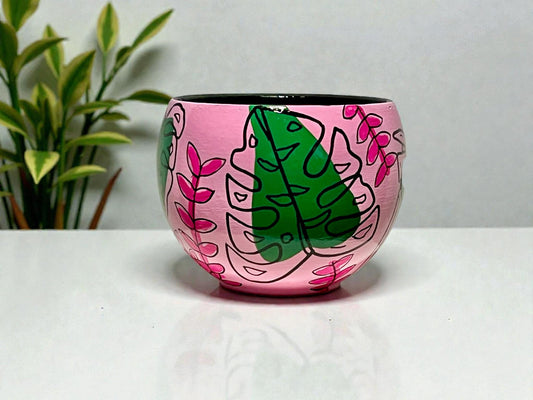 Hand-Painted Botanical Planter – Pink Monstera Terracotta Plant Pot