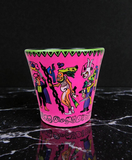 Hand-Painted Mayan Inspired Pink Terracotta Planter – Mesoamerican Art Plant Pot
