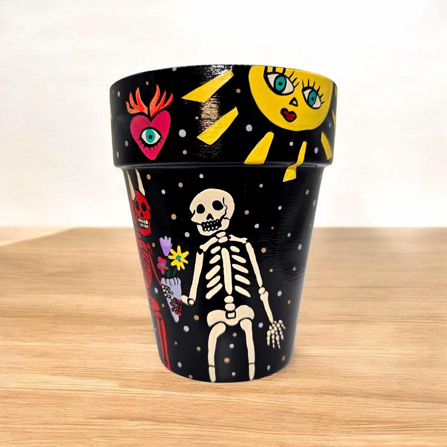 Hand-Painted Skeleton Terracotta Planter – 4x6 Unique Art Pot