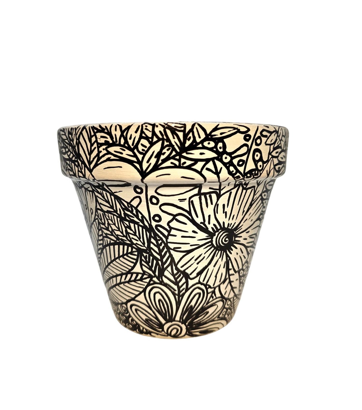 Black and White Flowers Planter. Handpainted Drawing Plant Pot.