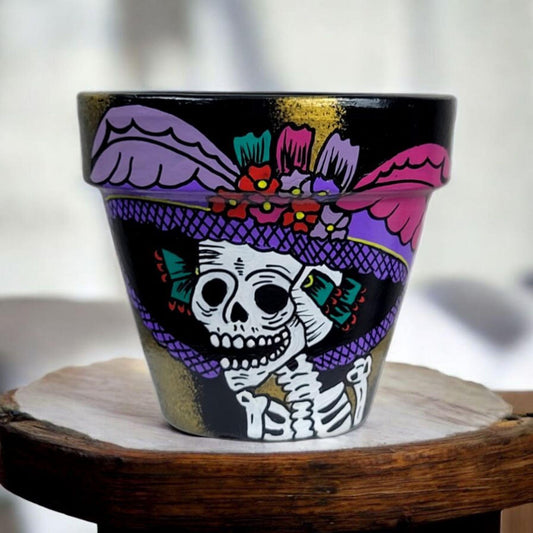 Hand-Painted Catrina Terracotta Planter – Día de los Muertos Decor