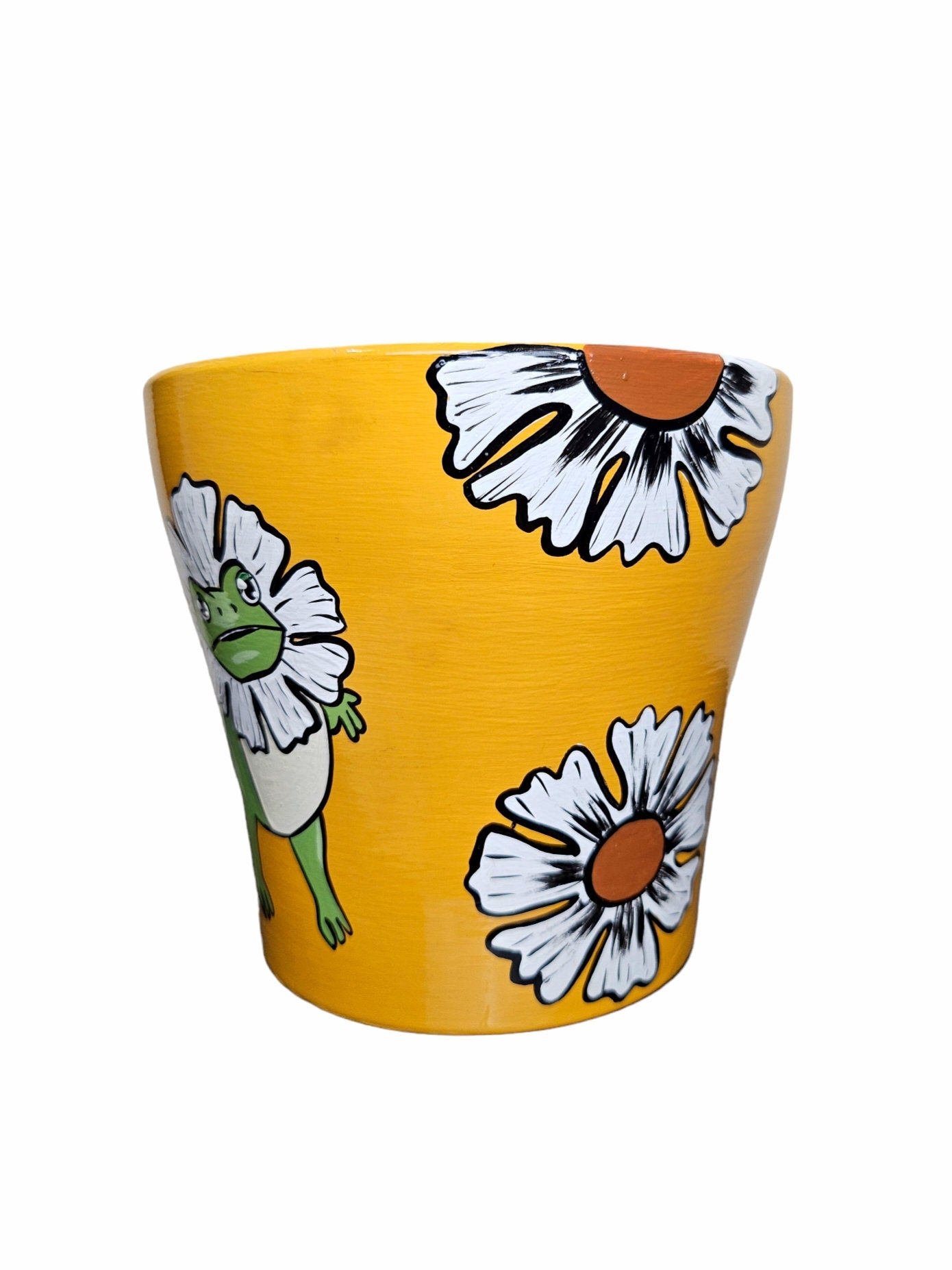 Hand-Painted Terracotta Frog Planter with Daisies, 6 inch