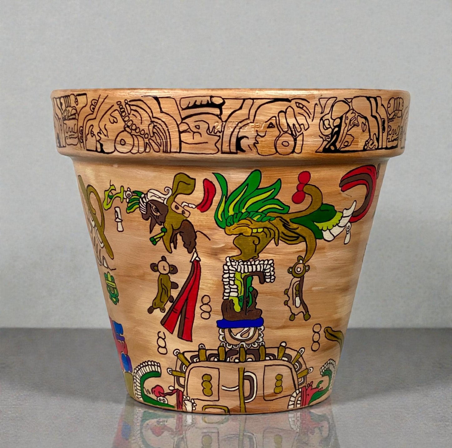 Hand-Painted Mayan Inspired Terracotta Planter – Mesoamerican Art Plant Pot