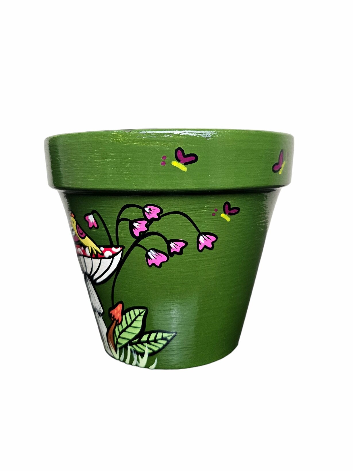 Hand-Painted Bird and Mushroom Terracotta Planter
