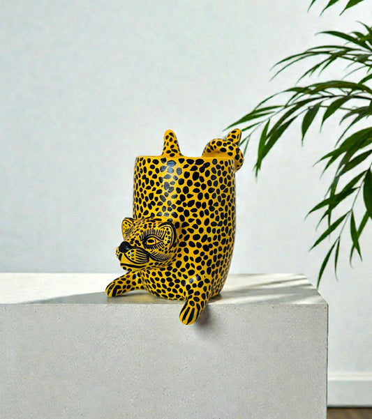 Hand-Painted Clay Jaguar Sculpture: Yellow Unique Home Decor