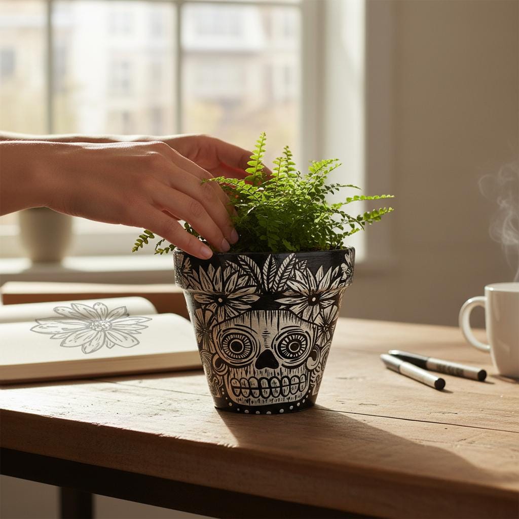 Hand-Painted Black and White Skull Terracotta Planter – Gothic Home Decor