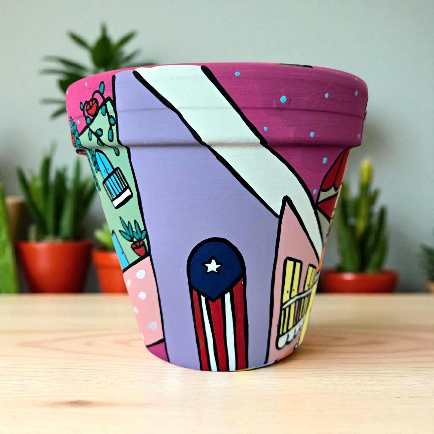 Hand-painted Puerto Rico Plant Pot - Caribbean Art, 6 inch Terracotta