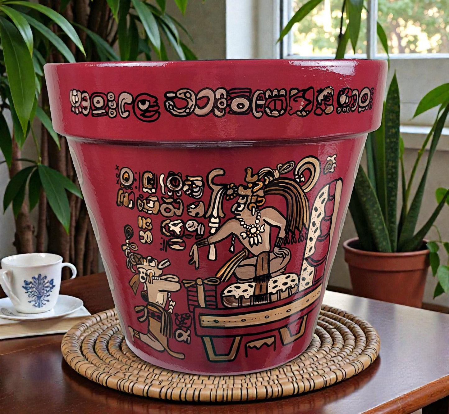 Hand-Painted Mayan Art Plant Pot: Mexican Art Decor, 8 Inch