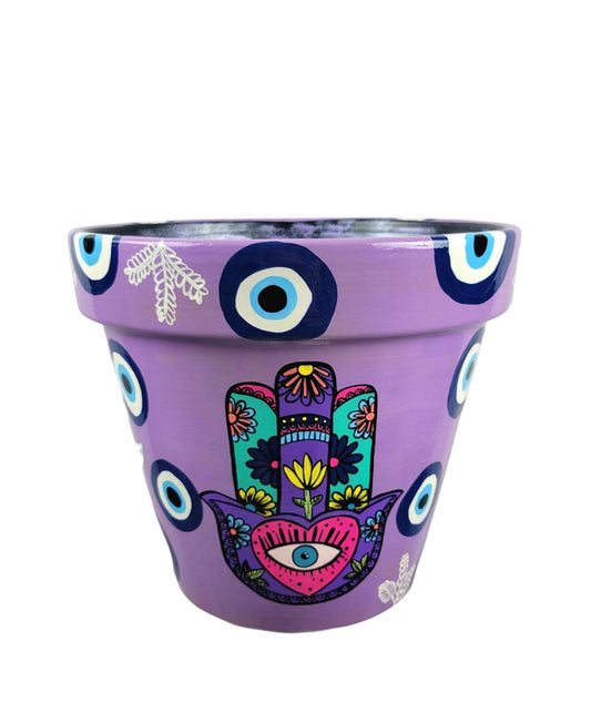Evil Eye Plant Pot. Hamsa Planter. Handpainted Pot
