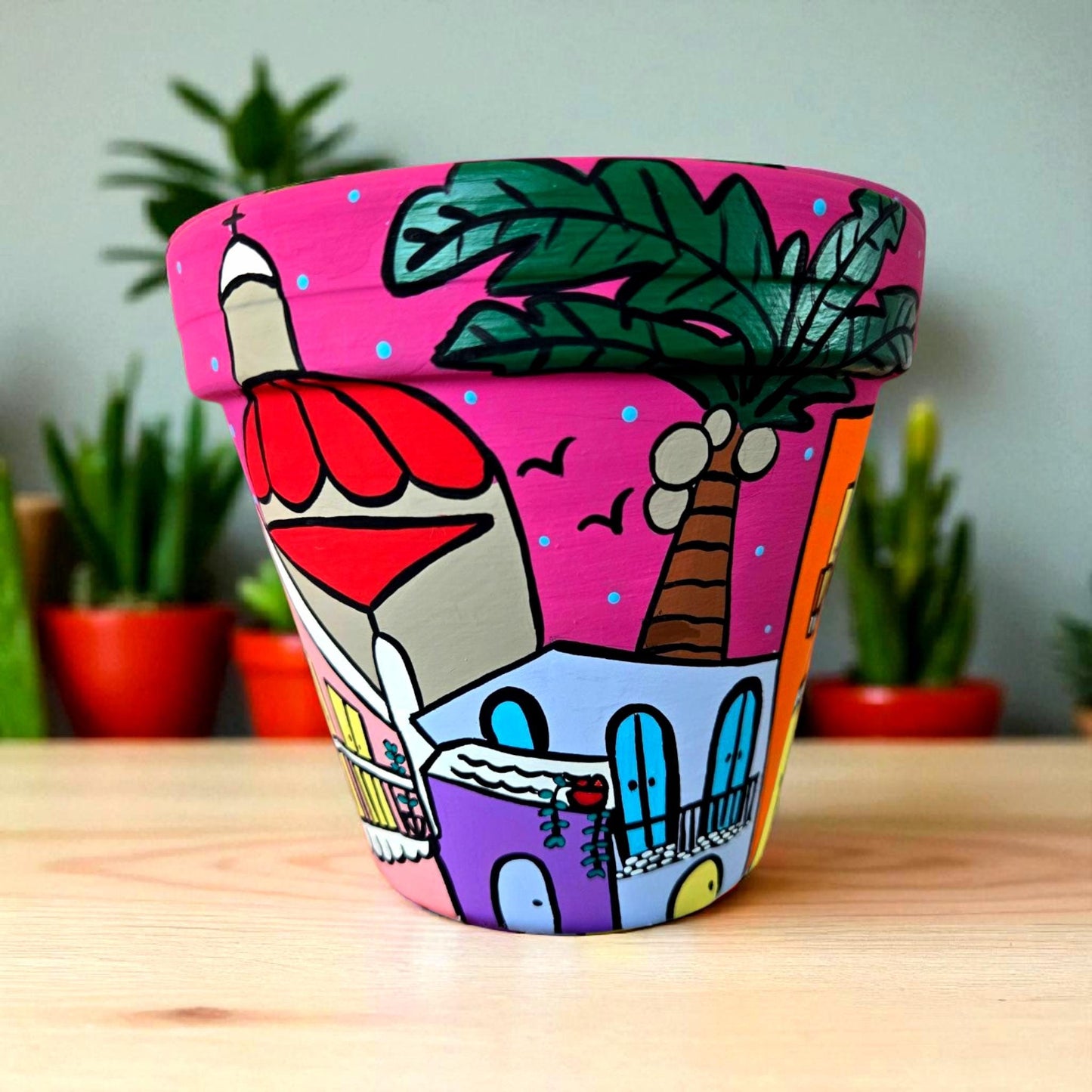 Hand-painted Puerto Rico Plant Pot - Caribbean Art, 6 inch Terracotta