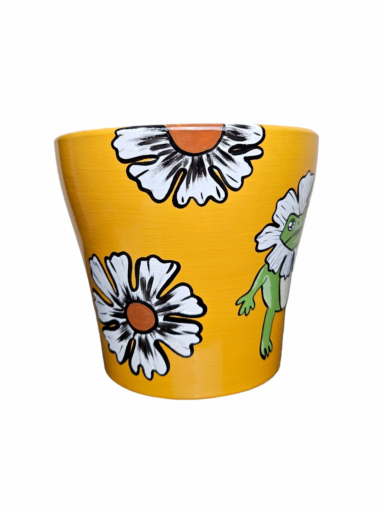 Hand-Painted Terracotta Frog Planter with Daisies, 6 inch