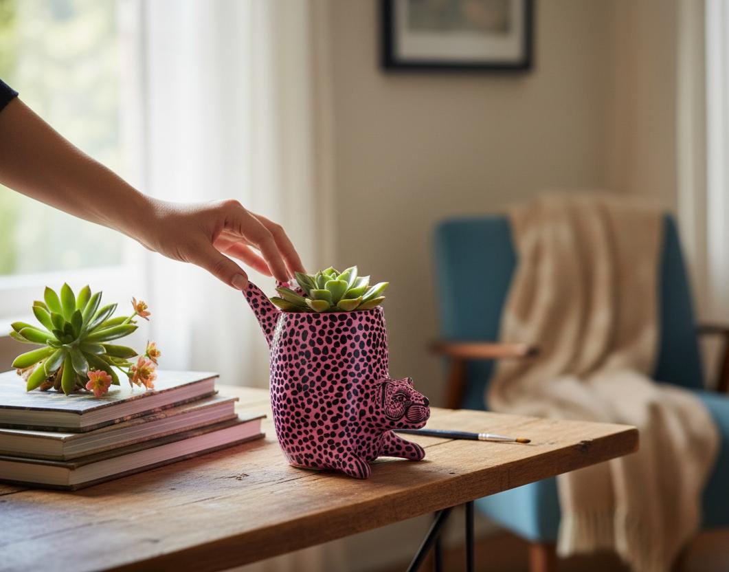 Hand-Painted Terracotta Jaguar Sculpture: Pink Home Decor