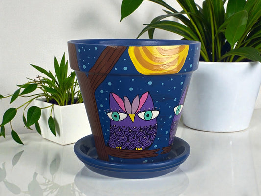 Hand Painted Owl Planter, Blue Terracotta Pot with Moon Design