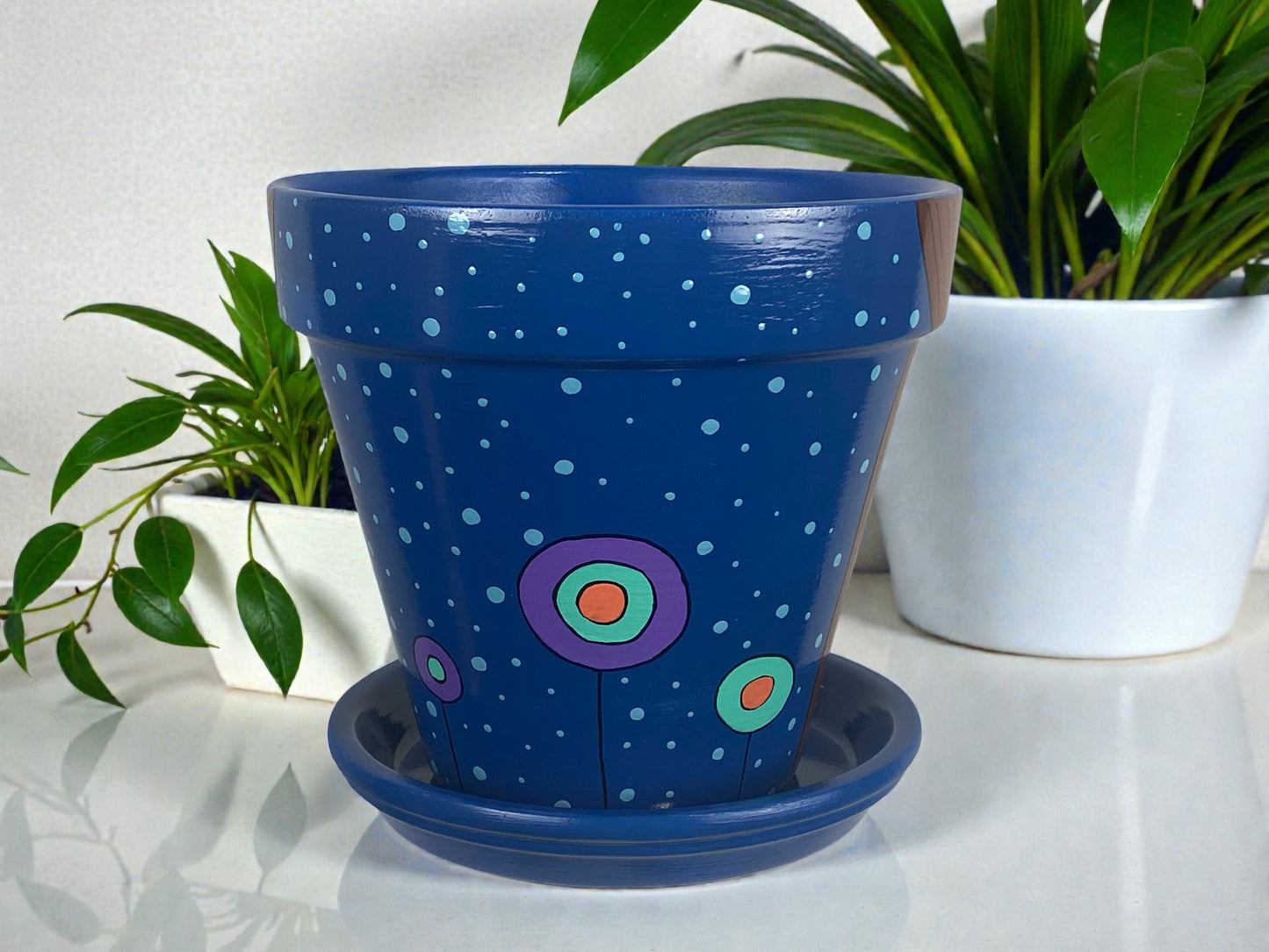 Hand Painted Owl Planter, Blue Terracotta Pot with Moon Design