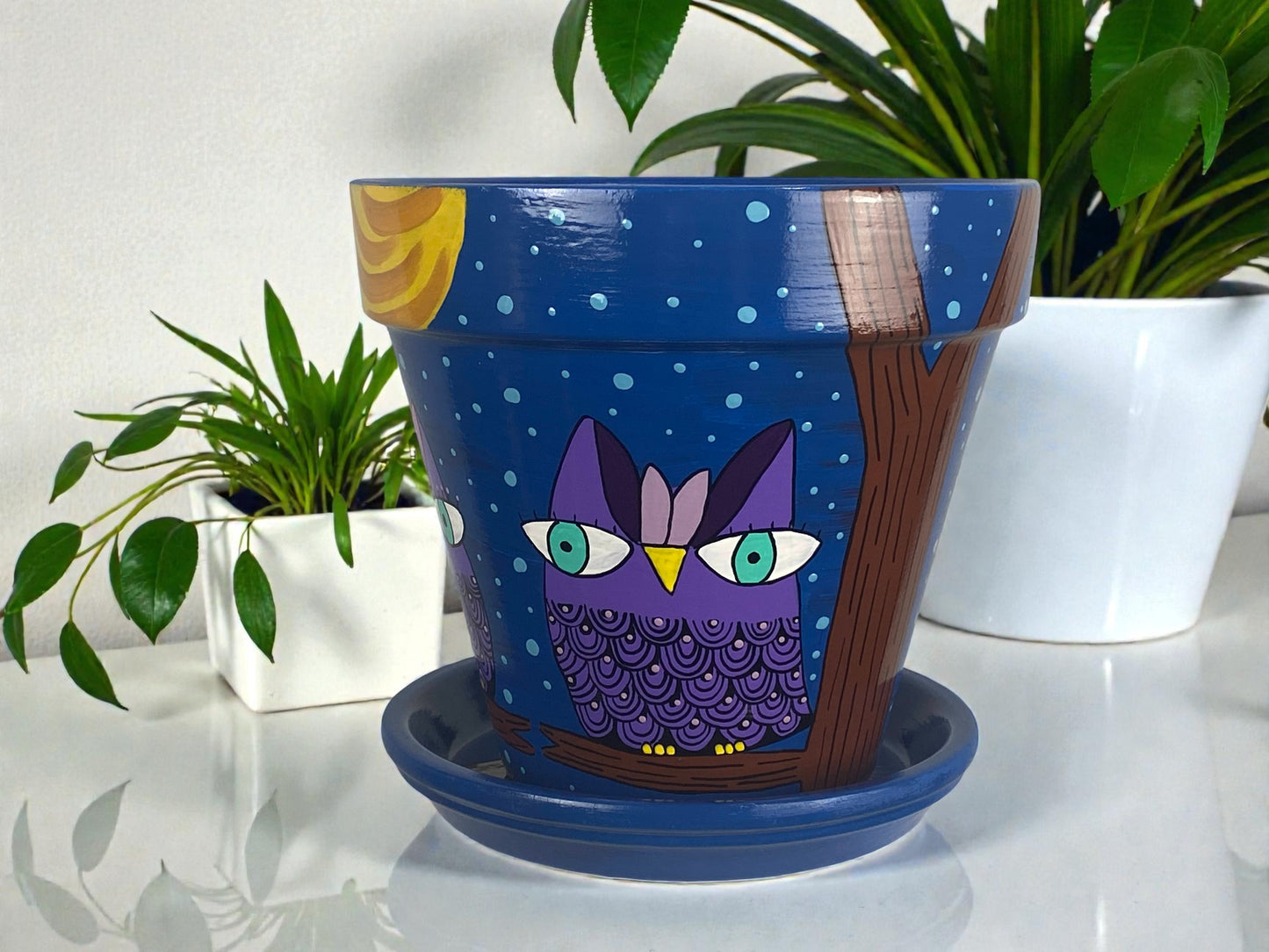 Hand Painted Owl Planter, Blue Terracotta Pot with Moon Design