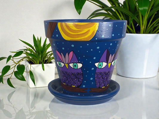 Hand Painted Owl Planter, Blue Terracotta Pot with Moon Design