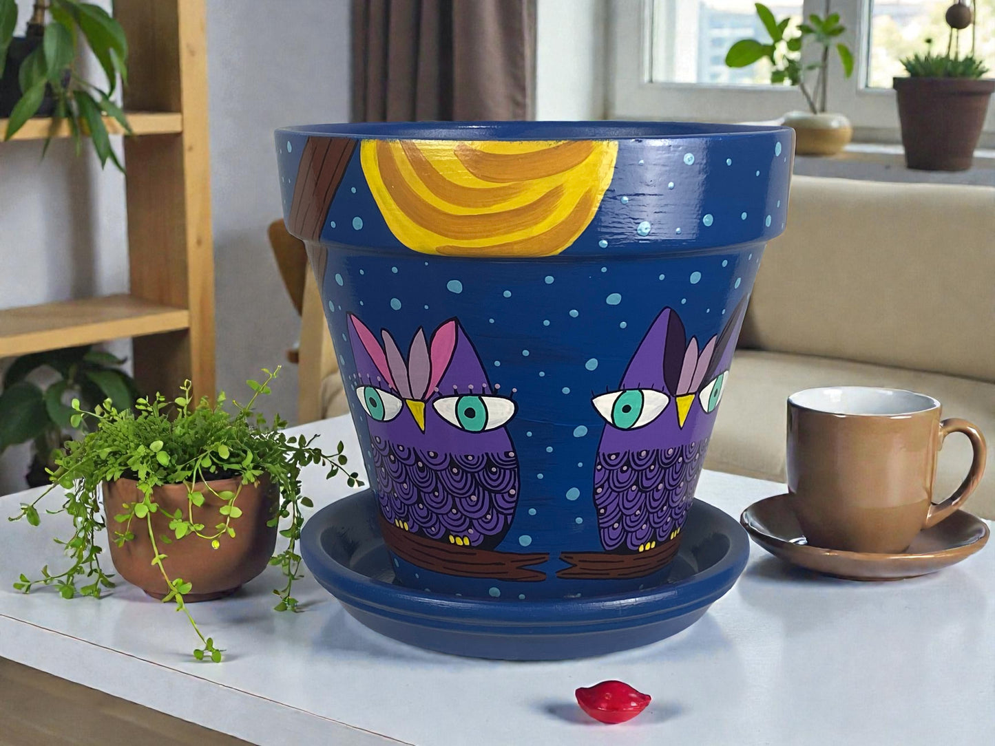 Hand Painted Owl Planter, Blue Terracotta Pot with Moon Design
