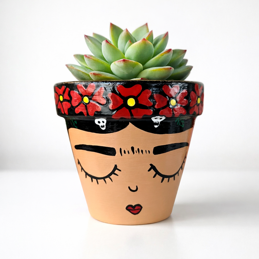 Hand-Painted Frida Kahlo Plant Pot | Red Flowers