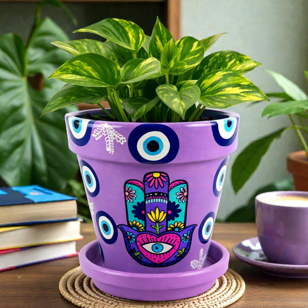 Evil Eye Plant Pot. Hamsa Planter. Handpainted Pot