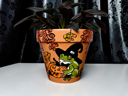 Hand-Painted Halloween Frog Planter, Witch Costume, Autumn Decor
