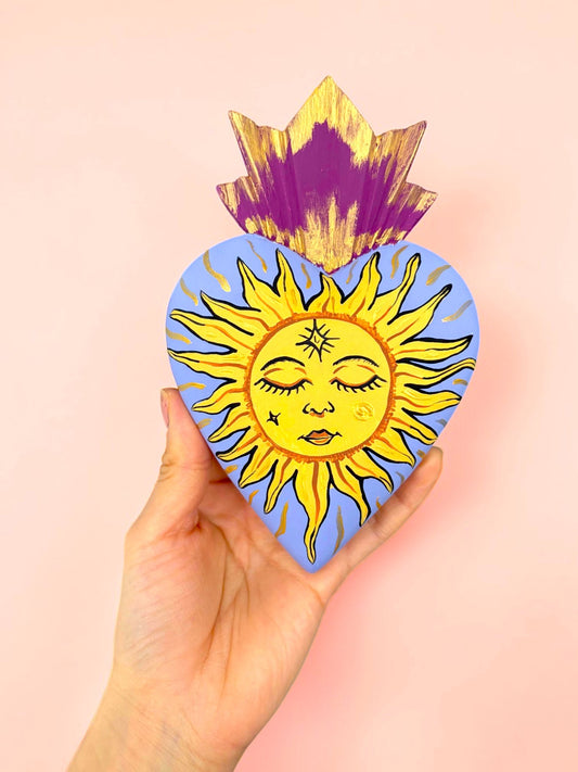 Hand Carved Wooden Sacred Heart Sun | Hand Painted Milagro Celestial Decor
