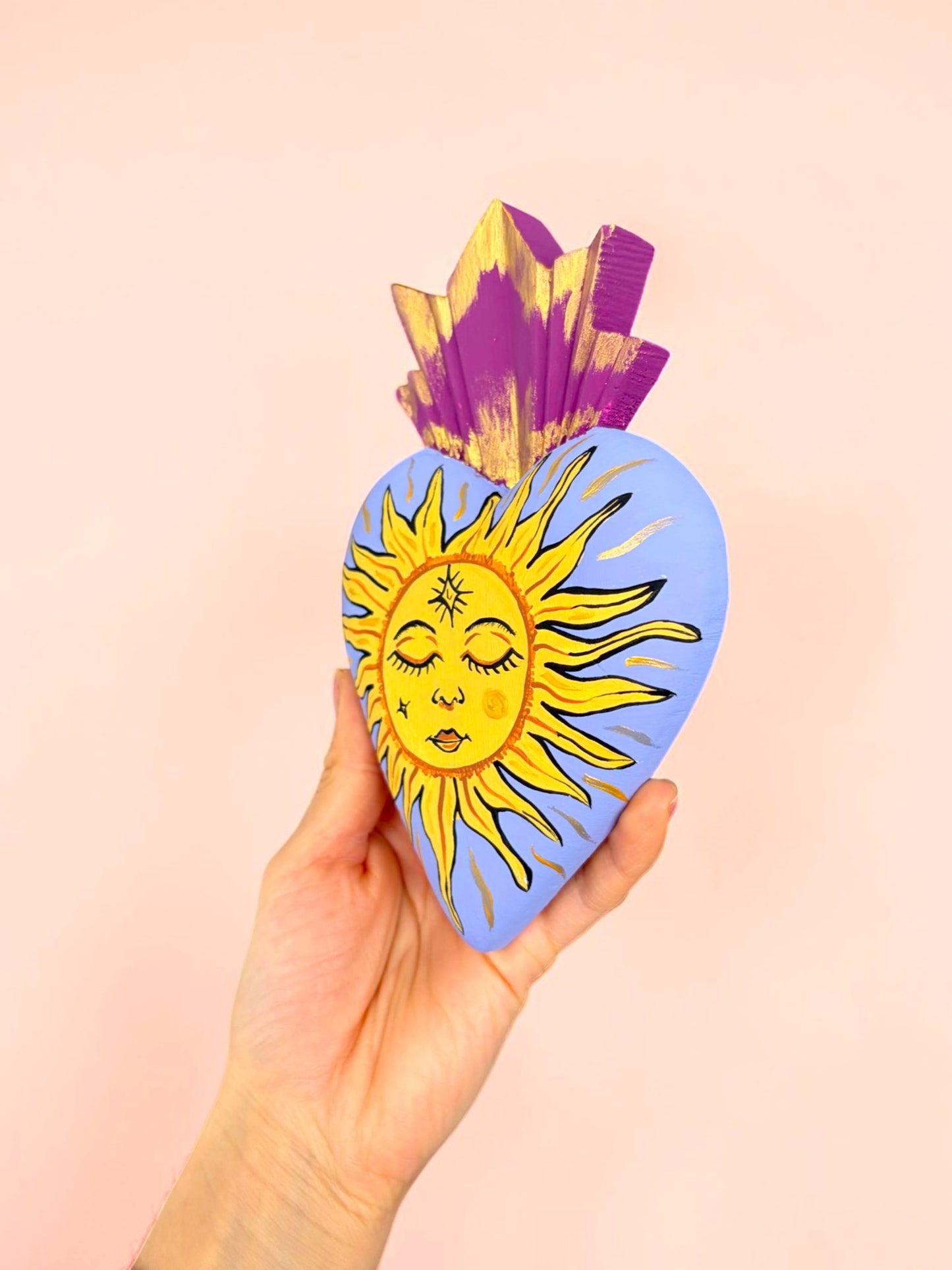 Hand Carved Wooden Sacred Heart Sun | Hand Painted Milagro Celestial Decor