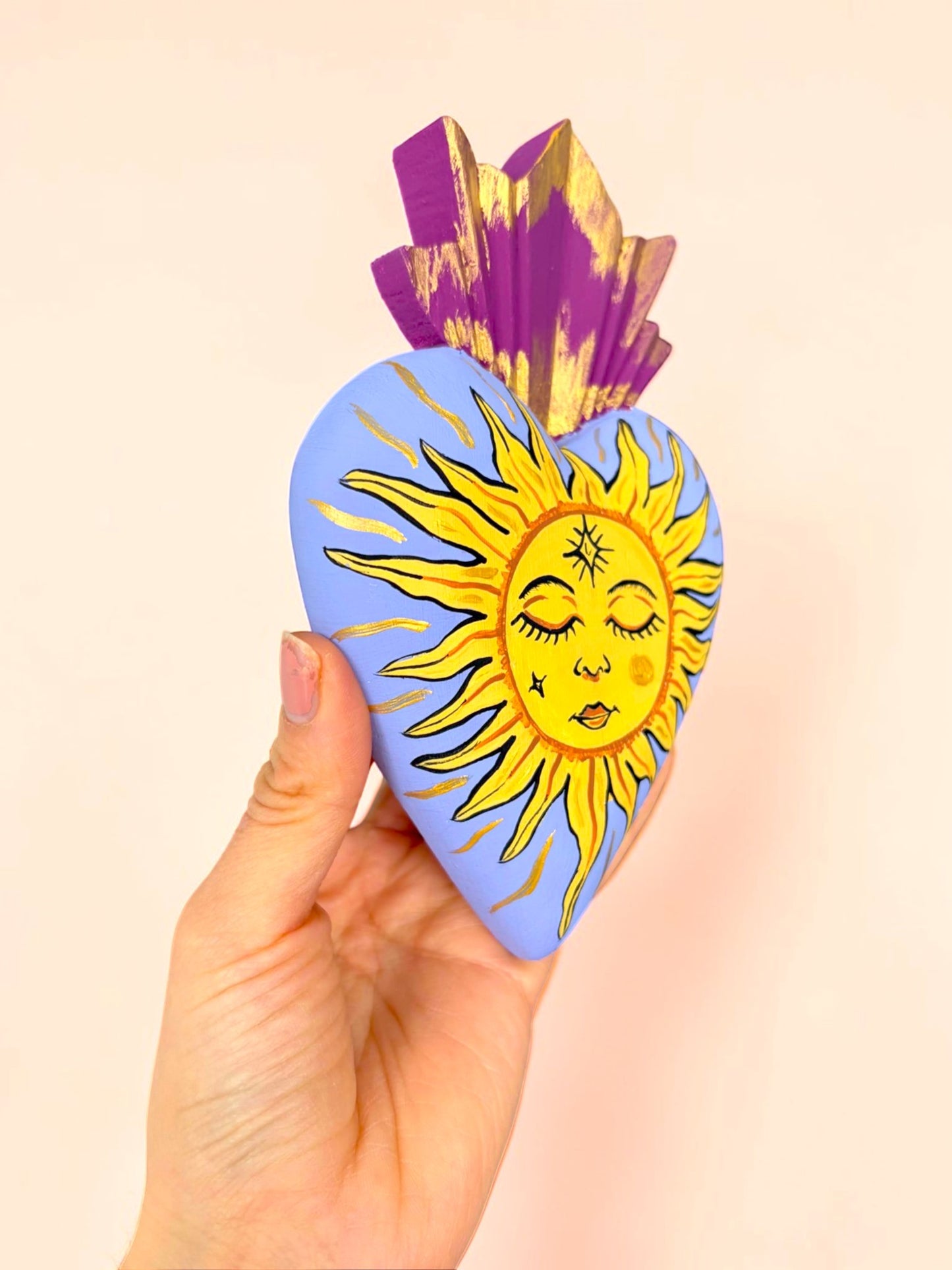Hand Carved Wooden Sacred Heart Sun | Hand Painted Milagro Celestial Decor