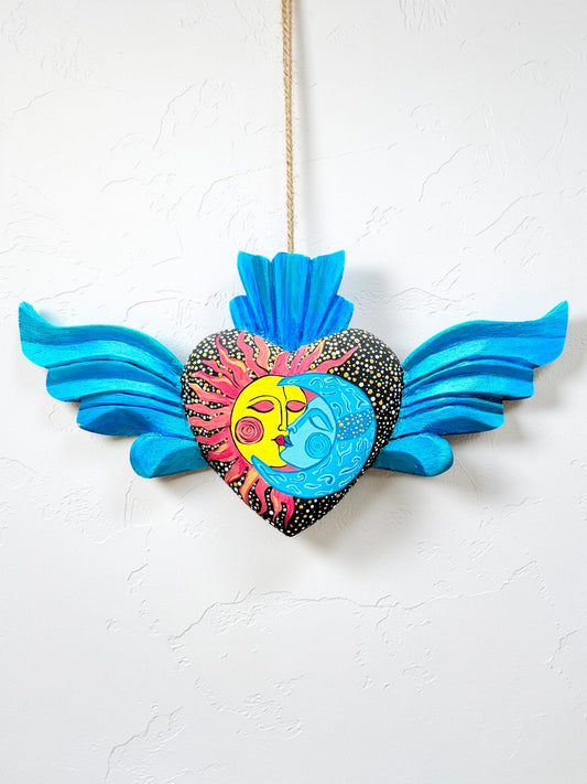 Hand Carved Wooden Sacred Heart Sun | Celestial Wings