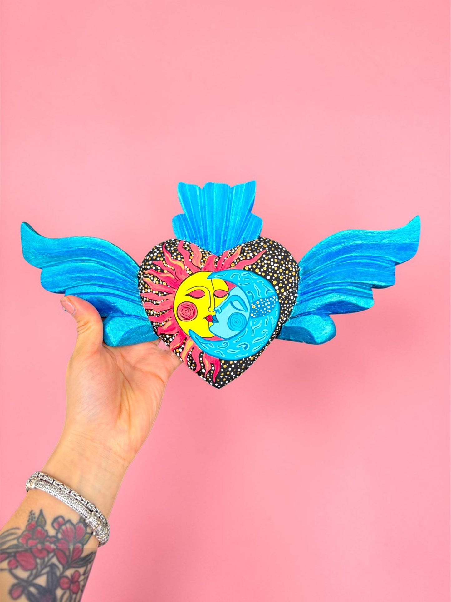 Hand Carved Wooden Sacred Heart Sun | Celestial Wings