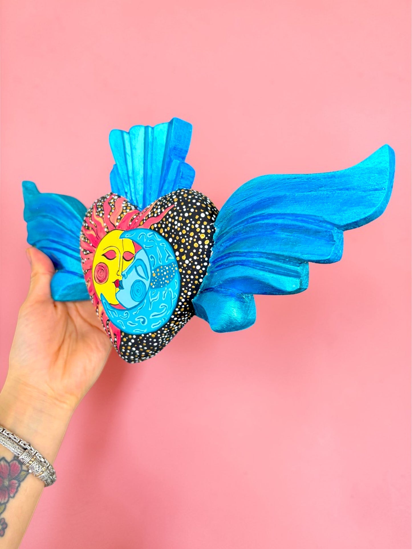 Hand Carved Wooden Sacred Heart Sun | Celestial Wings