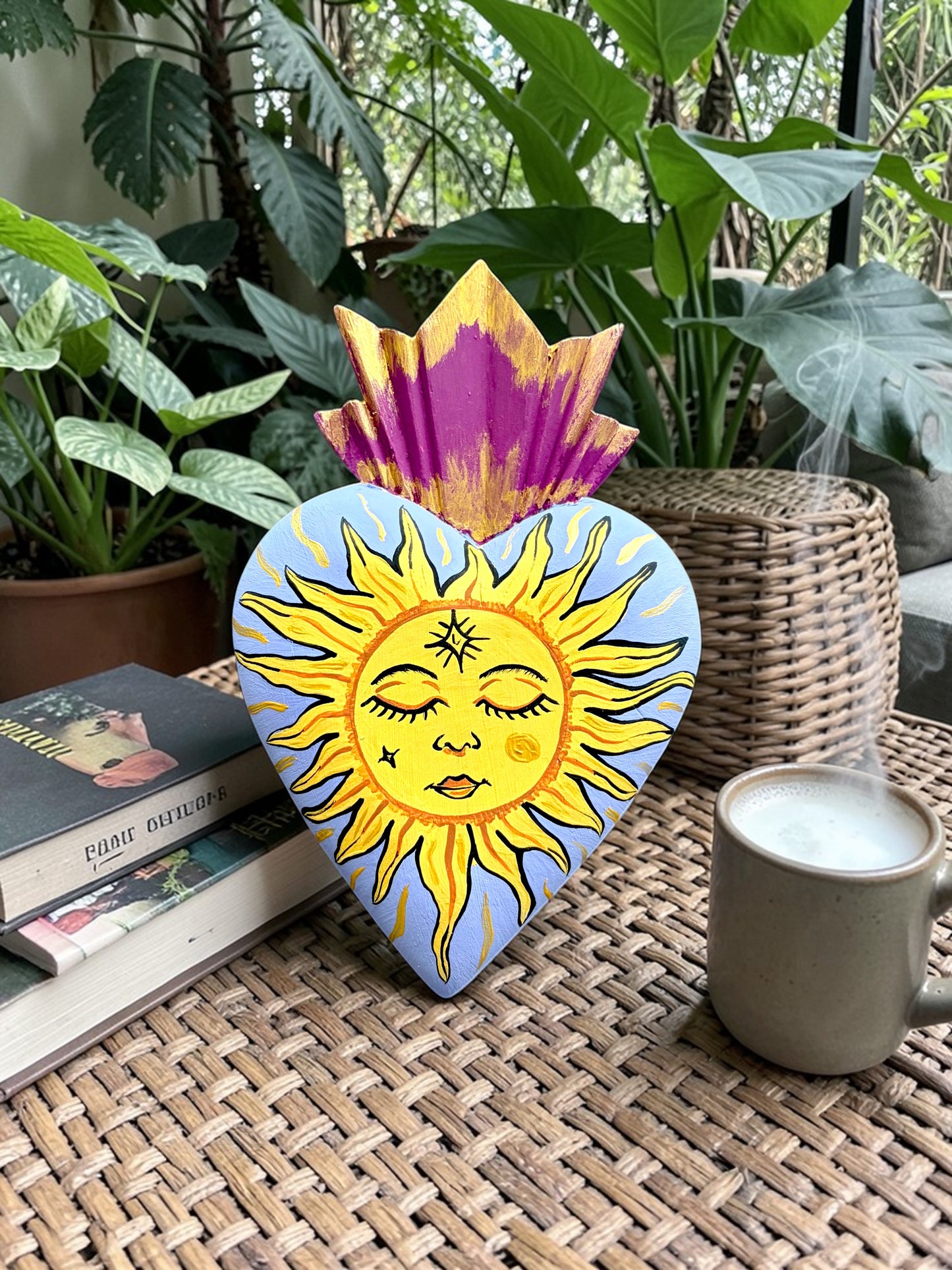 Hand Carved Wooden Sacred Heart Sun | Hand Painted Milagro Celestial Decor