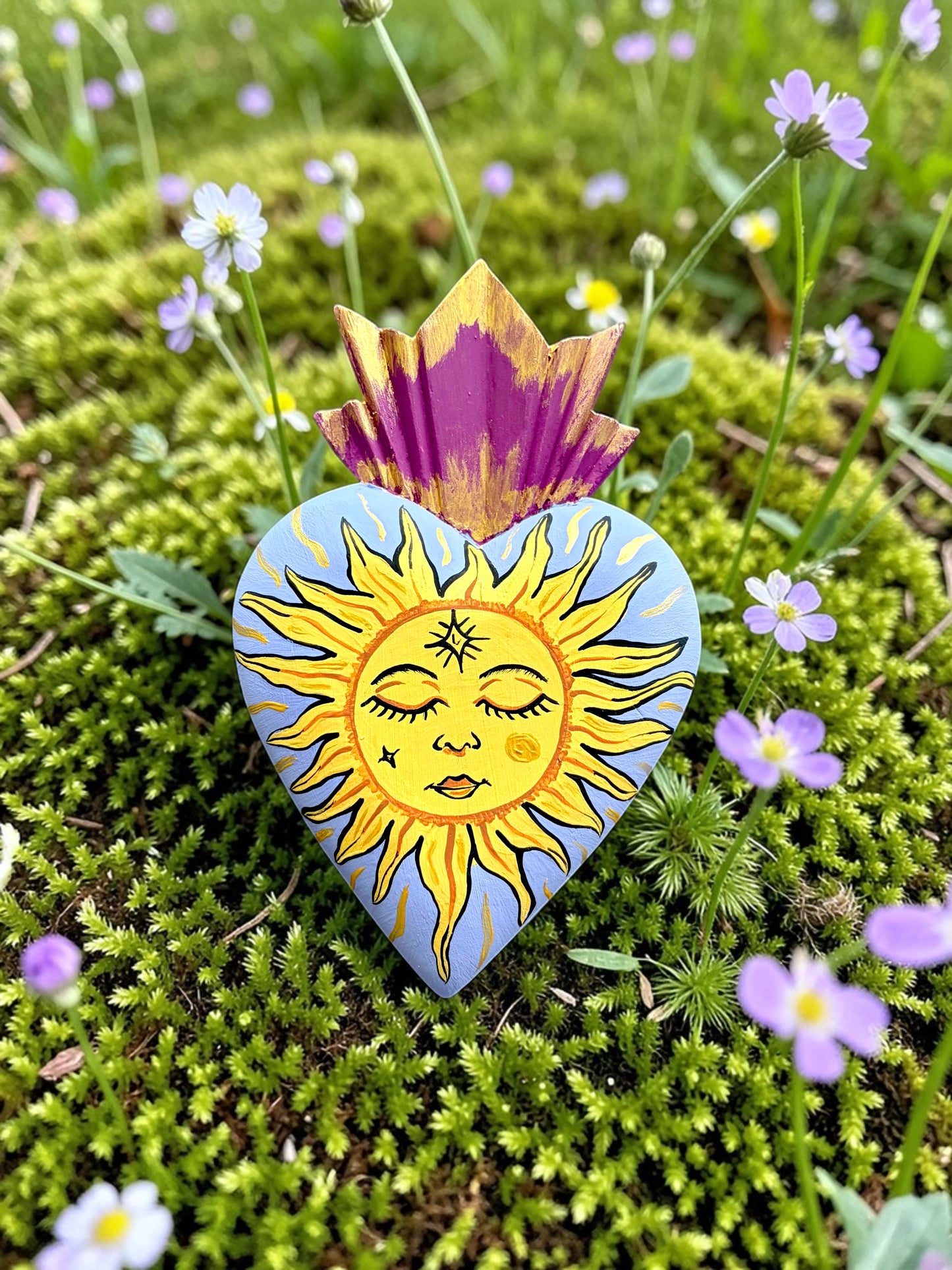 Hand Carved Wooden Sacred Heart Sun | Hand Painted Milagro Celestial Decor