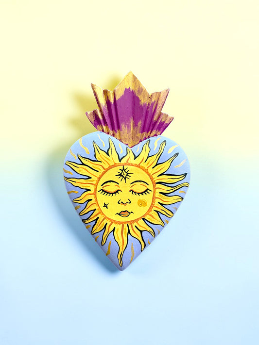 Hand Carved Wooden Sacred Heart Sun | Hand Painted Milagro Celestial Decor