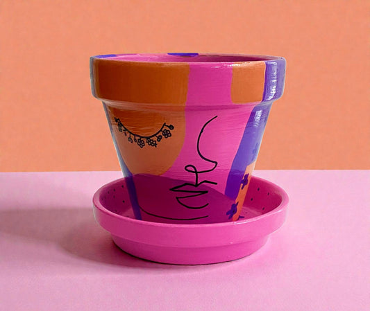 Painted Clay Plant Pot: Pink Woman Profile Design, Includes Saucer