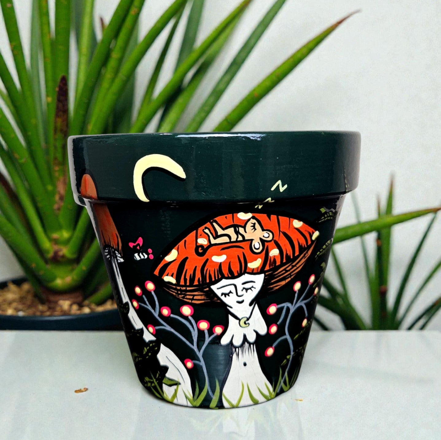 Hand-Painted Mushroom Lady Planter – Dark Botanical Terracotta Plant Pot 4 x 4 inches