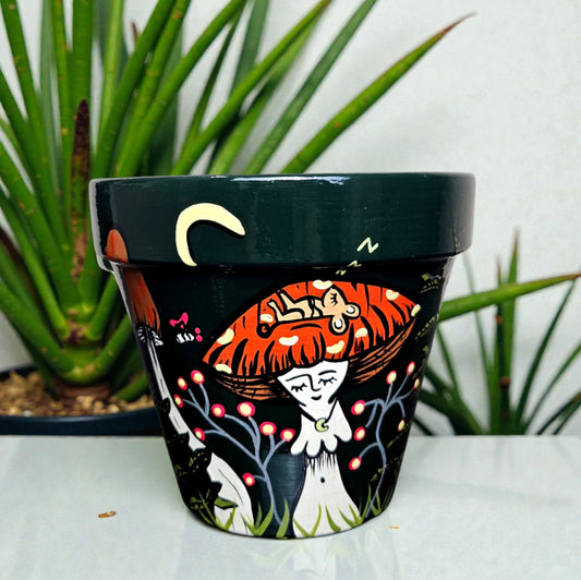 Hand-Painted Mushroom Lady Planter – Dark Botanical Terracotta Plant Pot 4 x 4 inches