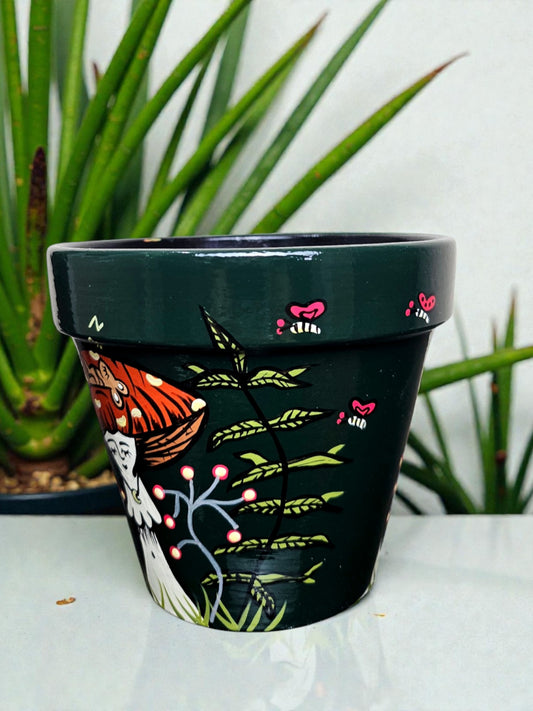Hand-Painted Mushroom Lady Planter – Dark Botanical Terracotta Plant Pot 4 x 4 inches