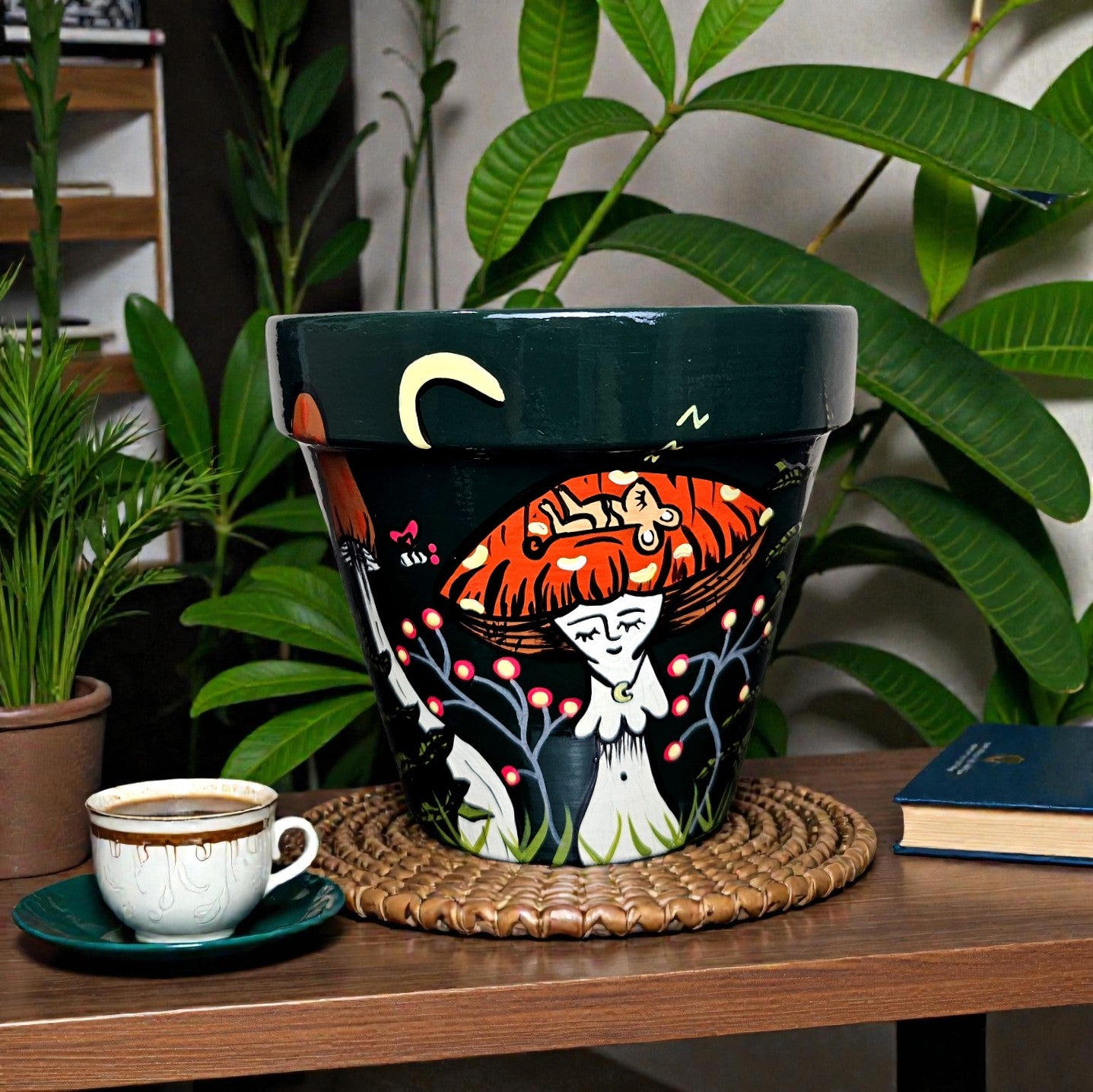 Hand-Painted Mushroom Lady Planter – Dark Botanical Terracotta Plant Pot 4 x 4 inches