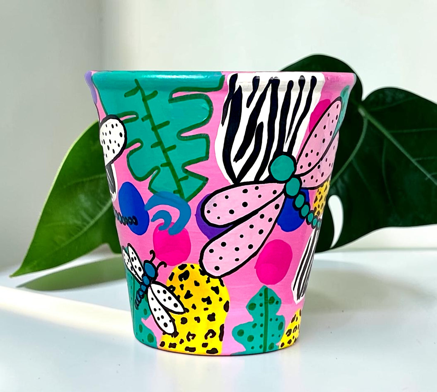 Hand Painted Pink and Purple Dragonfly Planter