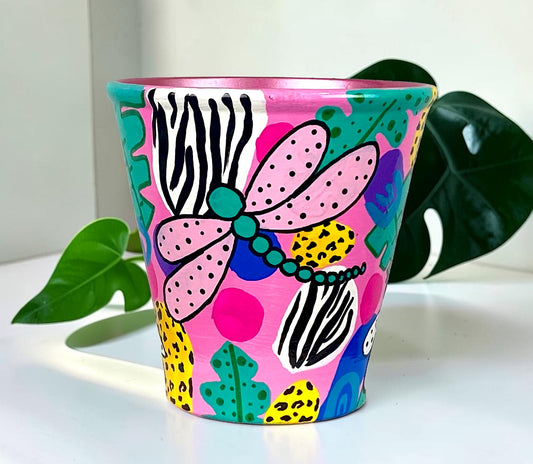 Hand Painted Pink and Purple Dragonfly Planter