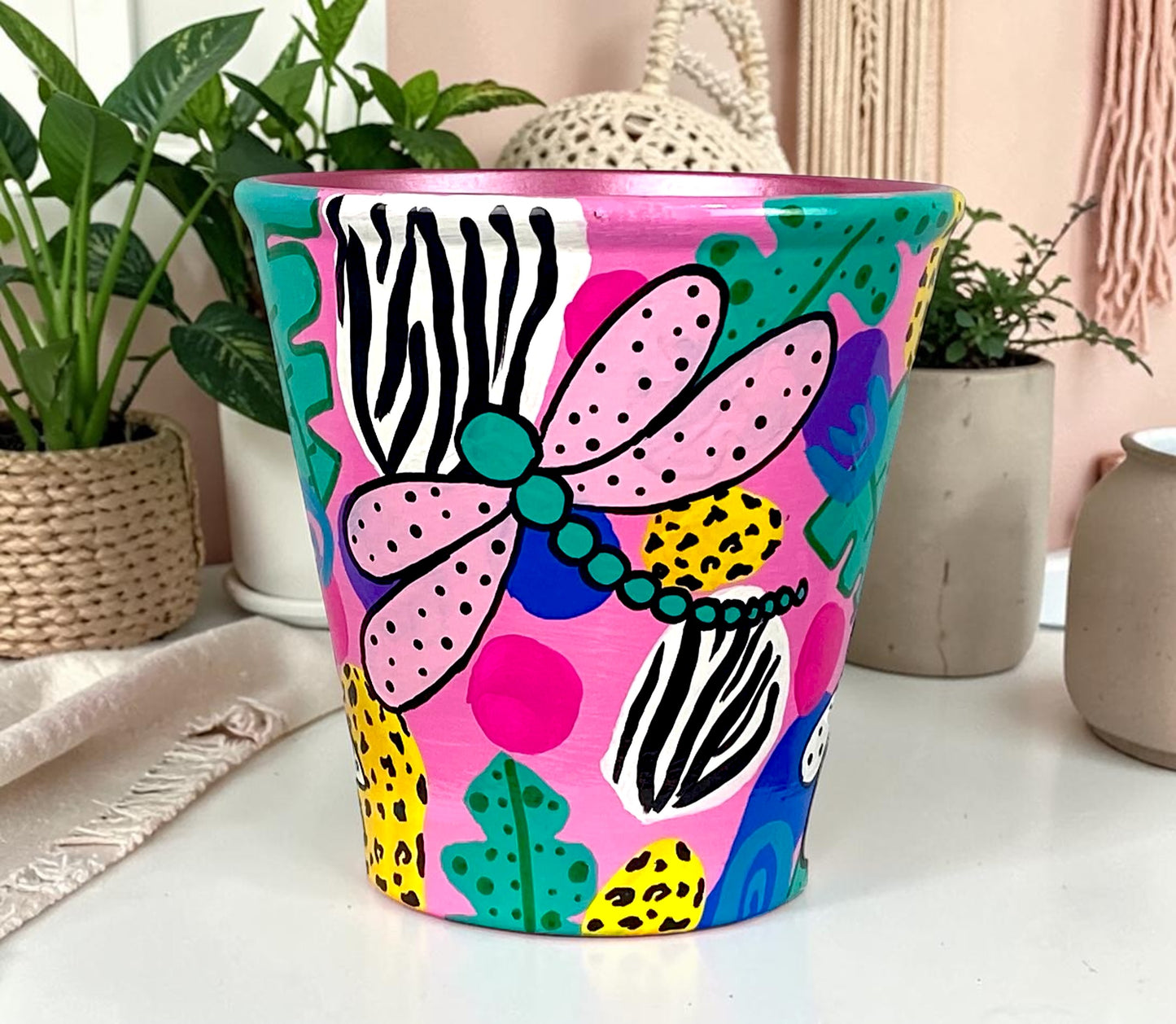 Hand Painted Pink and Purple Dragonfly Planter