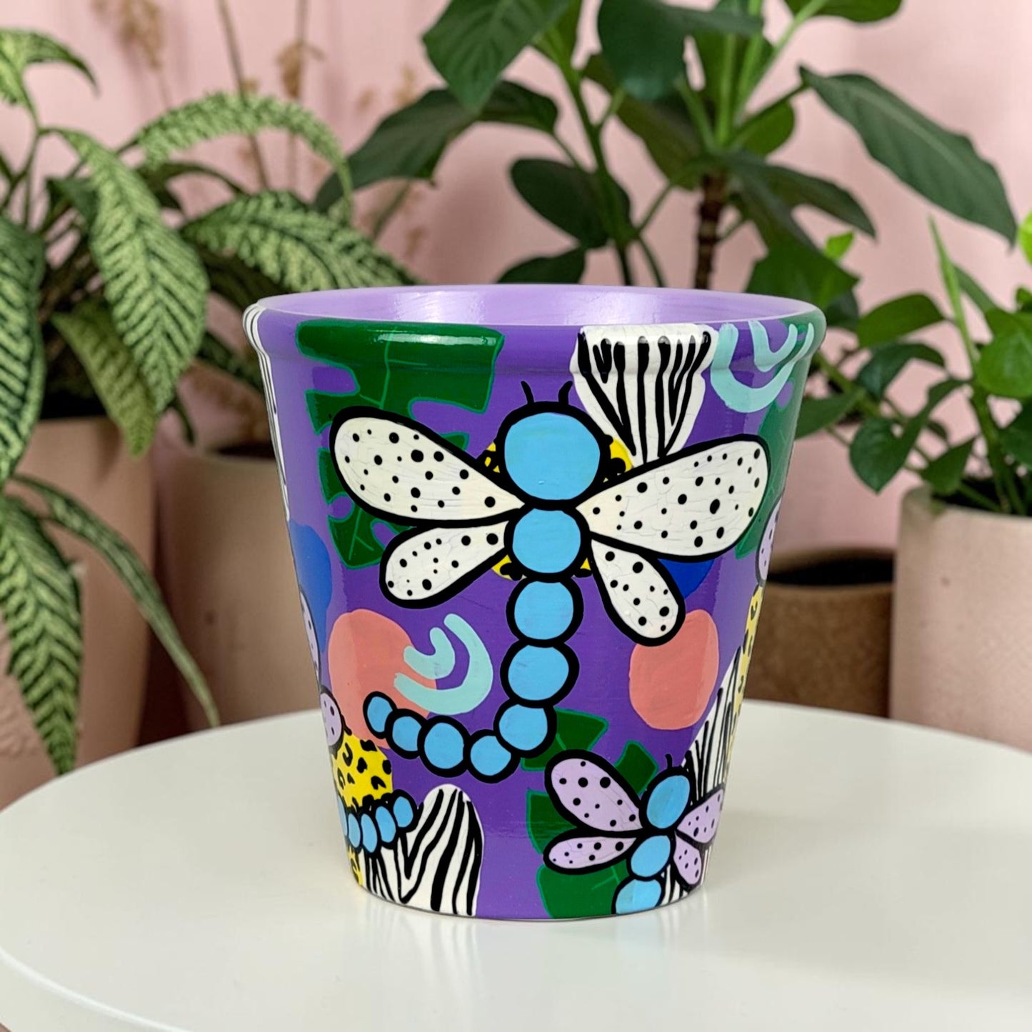 Hand Painted Pink and Purple Dragonfly Planter