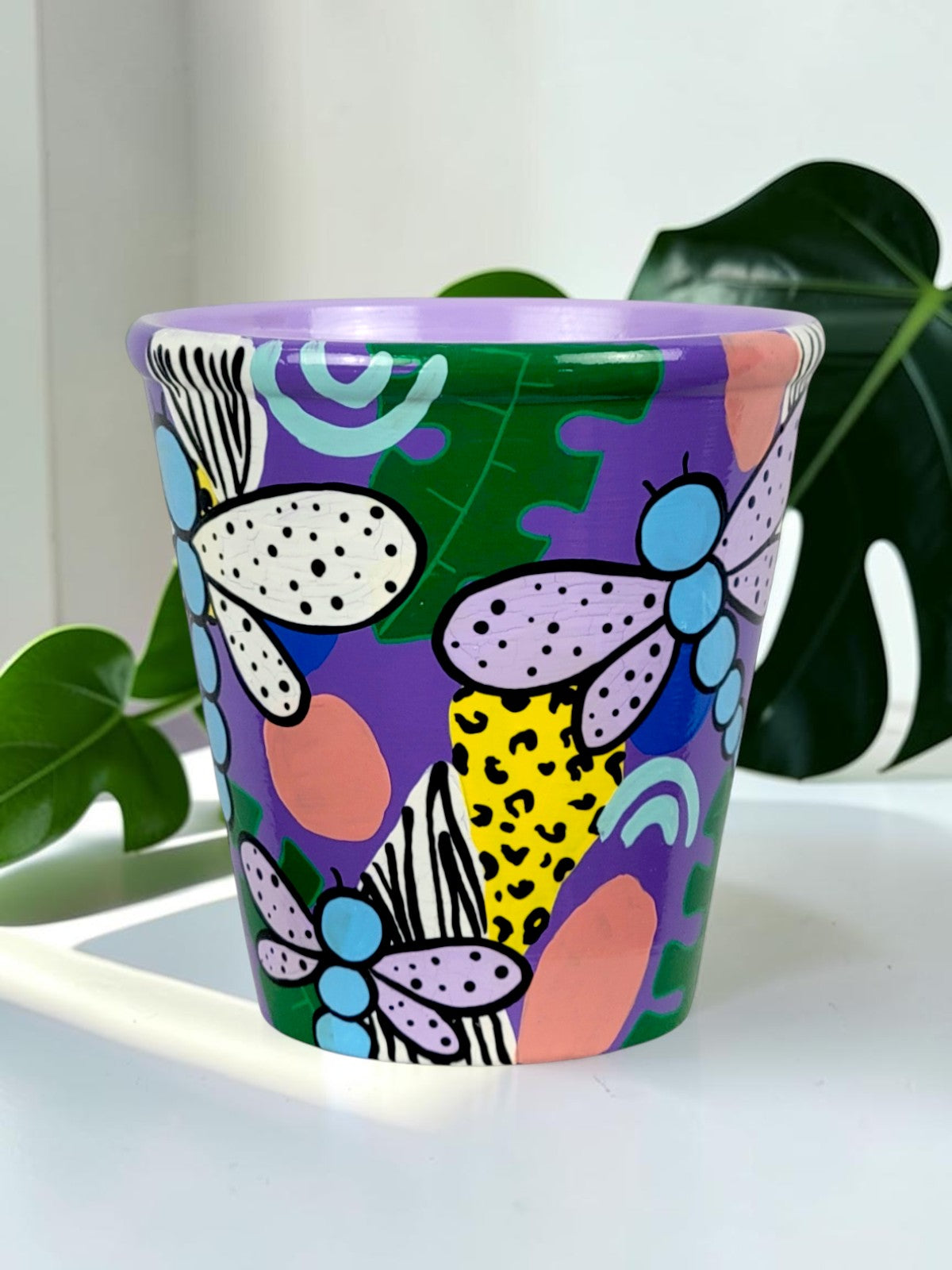 Hand Painted Pink and Purple Dragonfly Planter