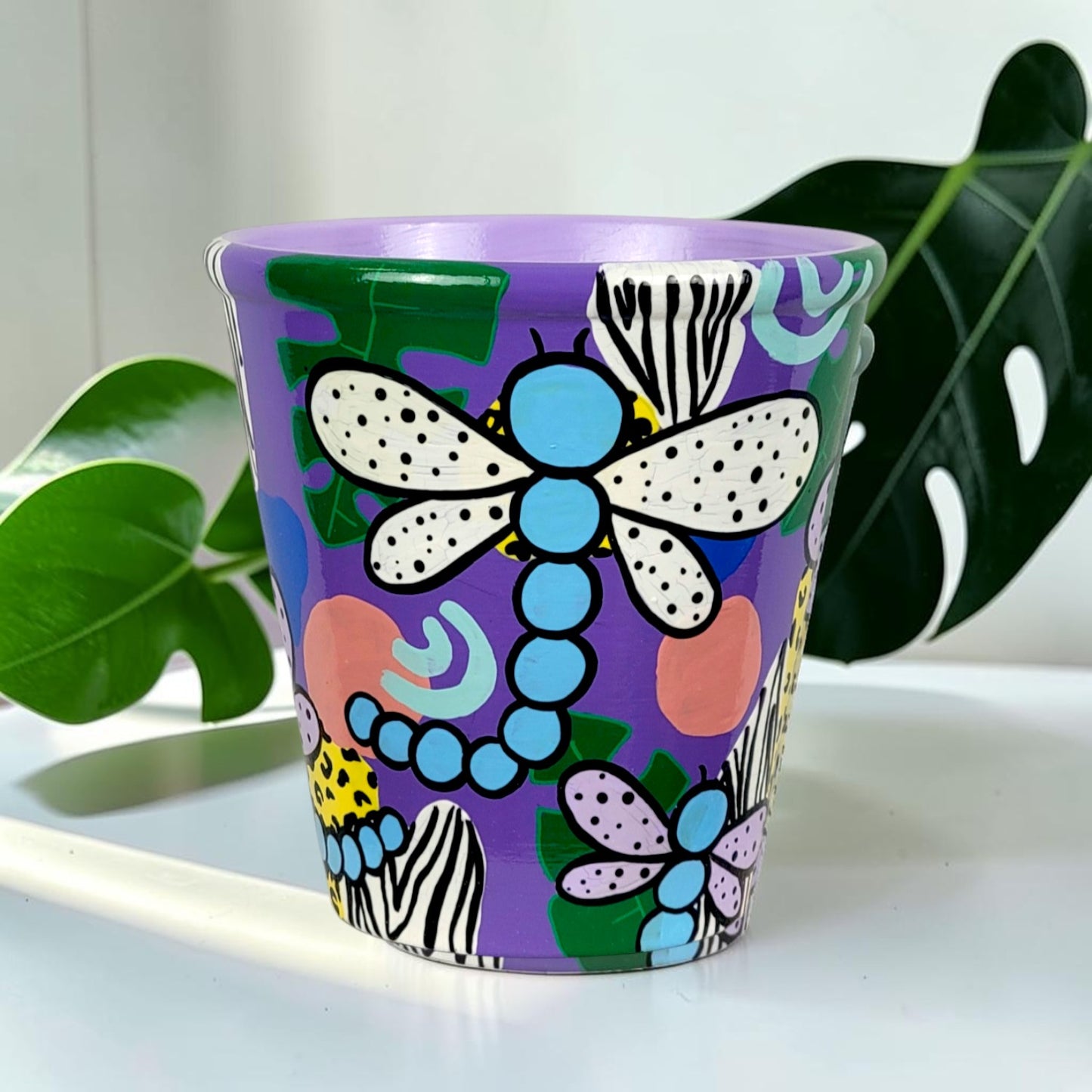 Hand Painted Pink and Purple Dragonfly Planter