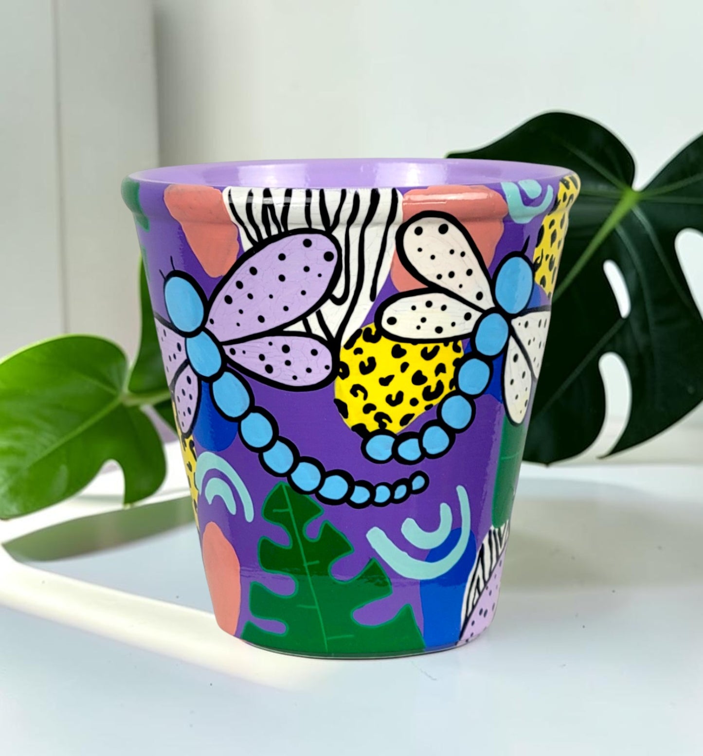 Hand Painted Pink and Purple Dragonfly Planter