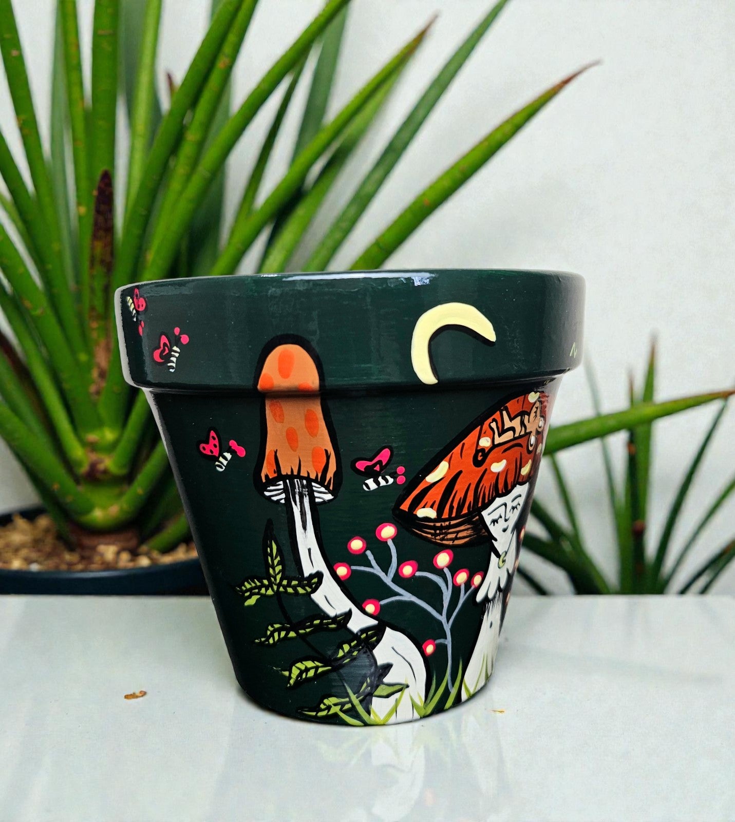 Hand-Painted Mushroom Lady Planter – Dark Botanical Terracotta Plant Pot 4 x 4 inches