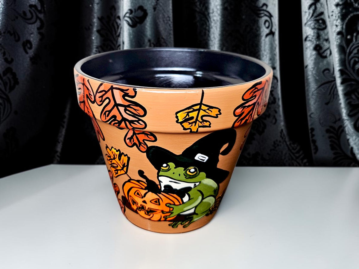 Hand-Painted Halloween Frog Planter, Witch Costume, Autumn Decor