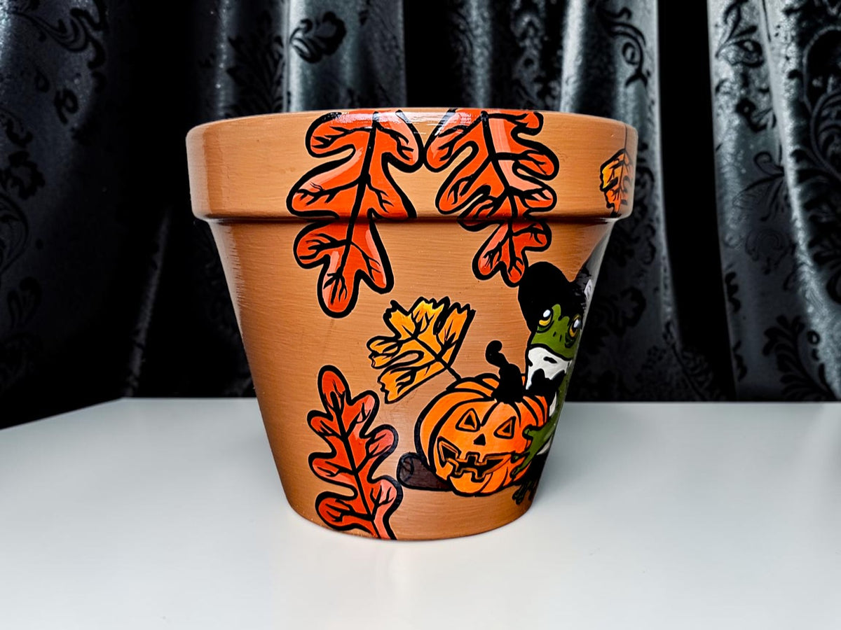Hand-Painted Halloween Frog Planter, Witch Costume, Autumn Decor